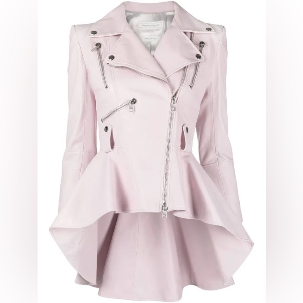 Alexander McQueen Leather Biker Jacket Women Pink Peplum Size 48 Large XL